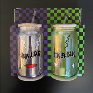 Halloween Bride & Frank Glasses with Wooden Lid & Glass Straw